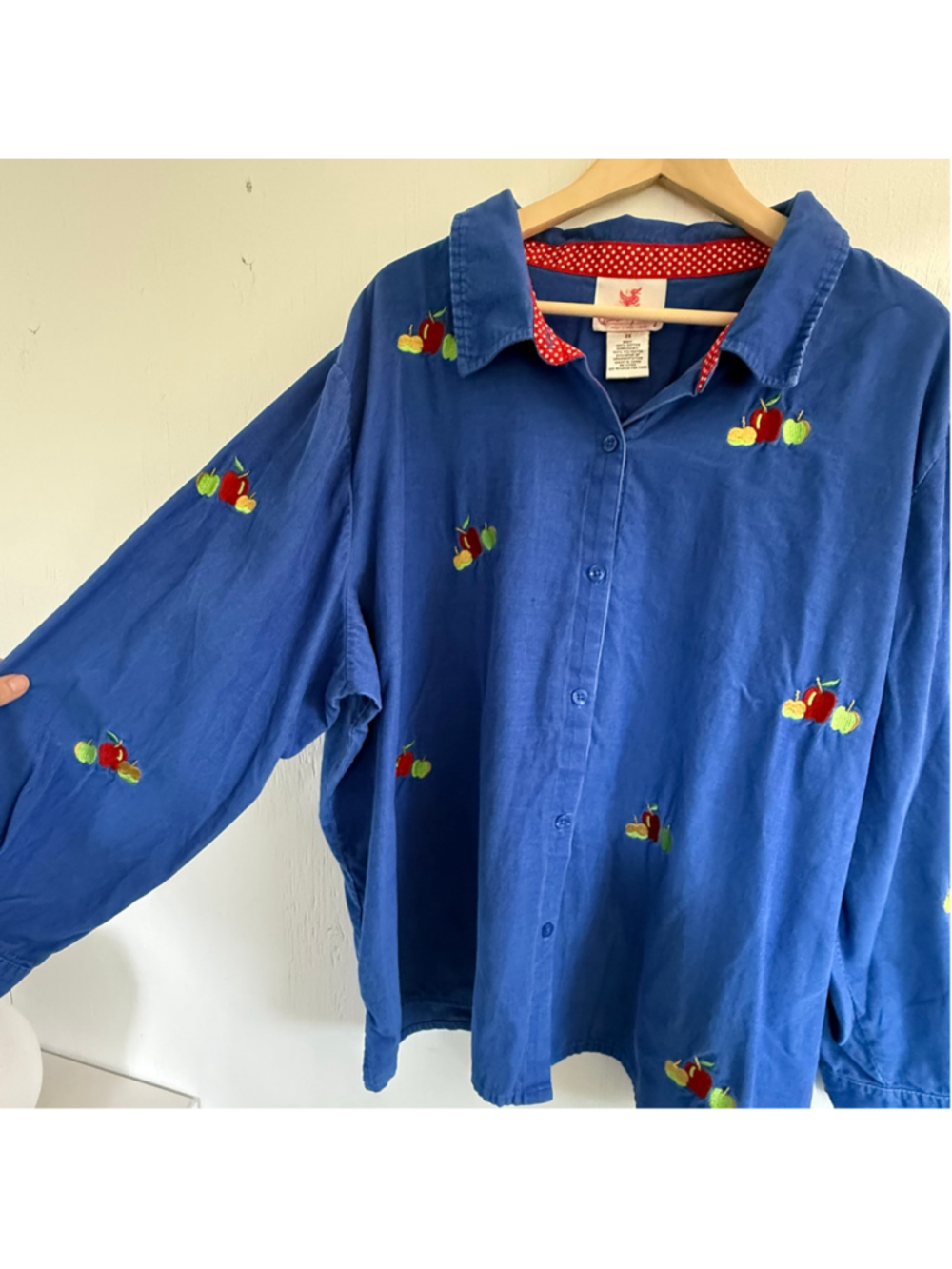 Quacker Factory 3X Royal Blue Corduroy Apple Embroidered Button Down Shirt